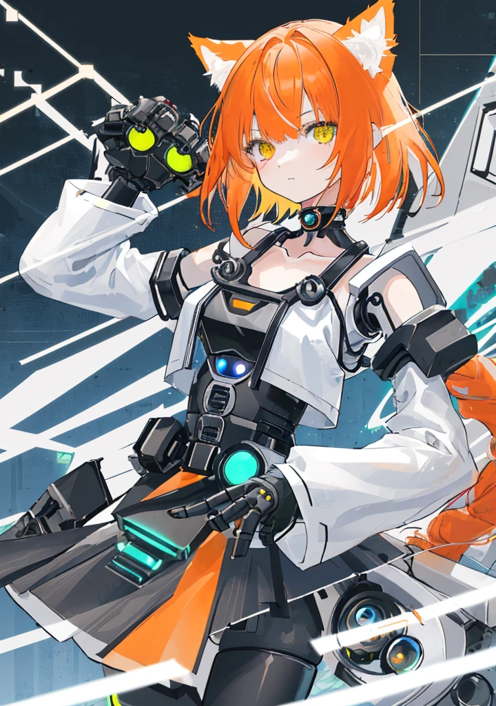 1girl, (skinny), medium breast, cat tail and ears, shoulder-length hair, orange hair, fluffy flipped hair (swept bangs), heterochromia eyes, eye1 blue, eye2 green, white dress, (black robot elements in collarbone, black robot elements in neck, black robot elements on waist), black high gloves, mechanical inserts , black stockings, white shoes