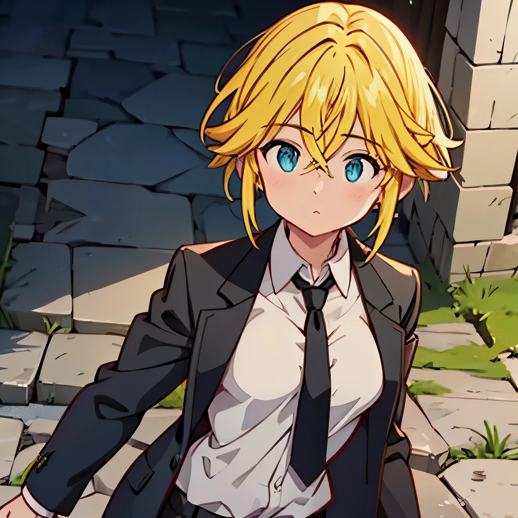 Meliodas in female version with medium breasts wore a black tie, black blazer and a long white shirt 