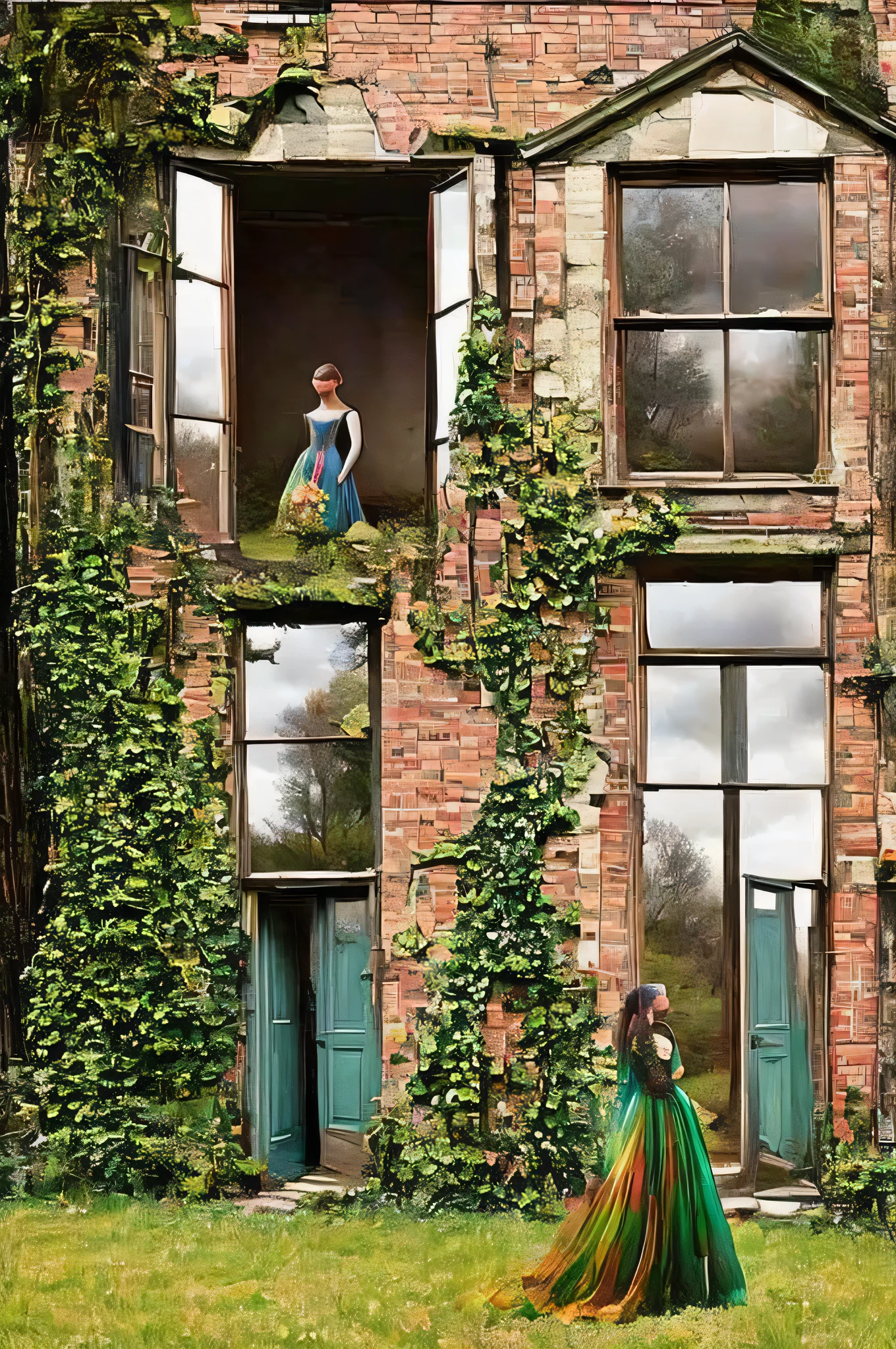 a woman that is standing in front of a window, abandoned derelict buildings, portrait of fairy princess, by Annabel Kidston, overgrown with trees, matthew stewart, cracked and faded in places, photo of young woman, clothed in ancient street wear, fading, loosely cropped, dress in voile  