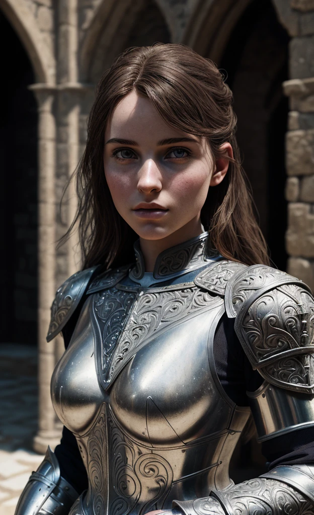 A young adult woman with dark red hair pulled into a ponytail, silver eyes, and wearing knight armor, and has a scar on her neck towards her collarbone.