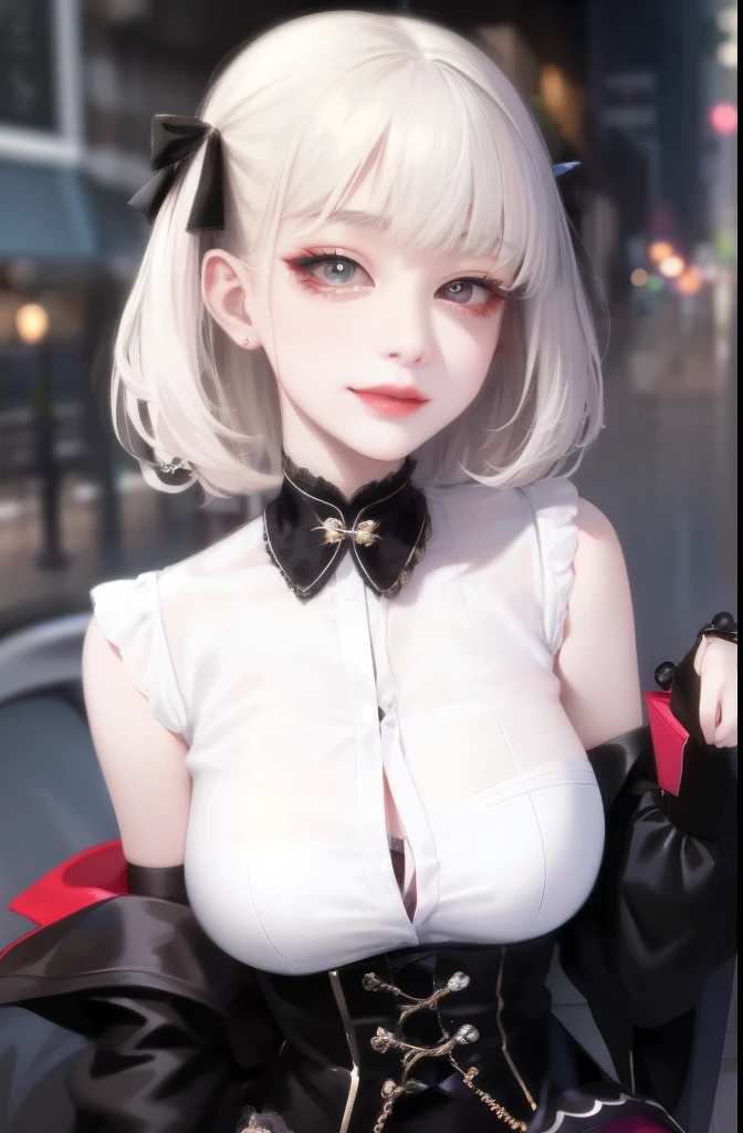 1 girl, smile, shirt, mini skirt, jirai fashion, jirai makeup, big breasts、Enchanting cleavage、exquisite female body、detailed face、detailed person、perfect human body、detailed background