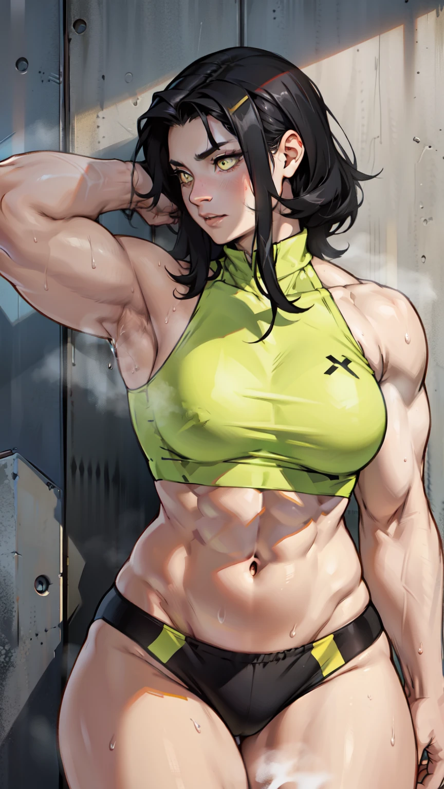sweaty navel black hair yellow eyes pale skin girl muscular thick muscular thick