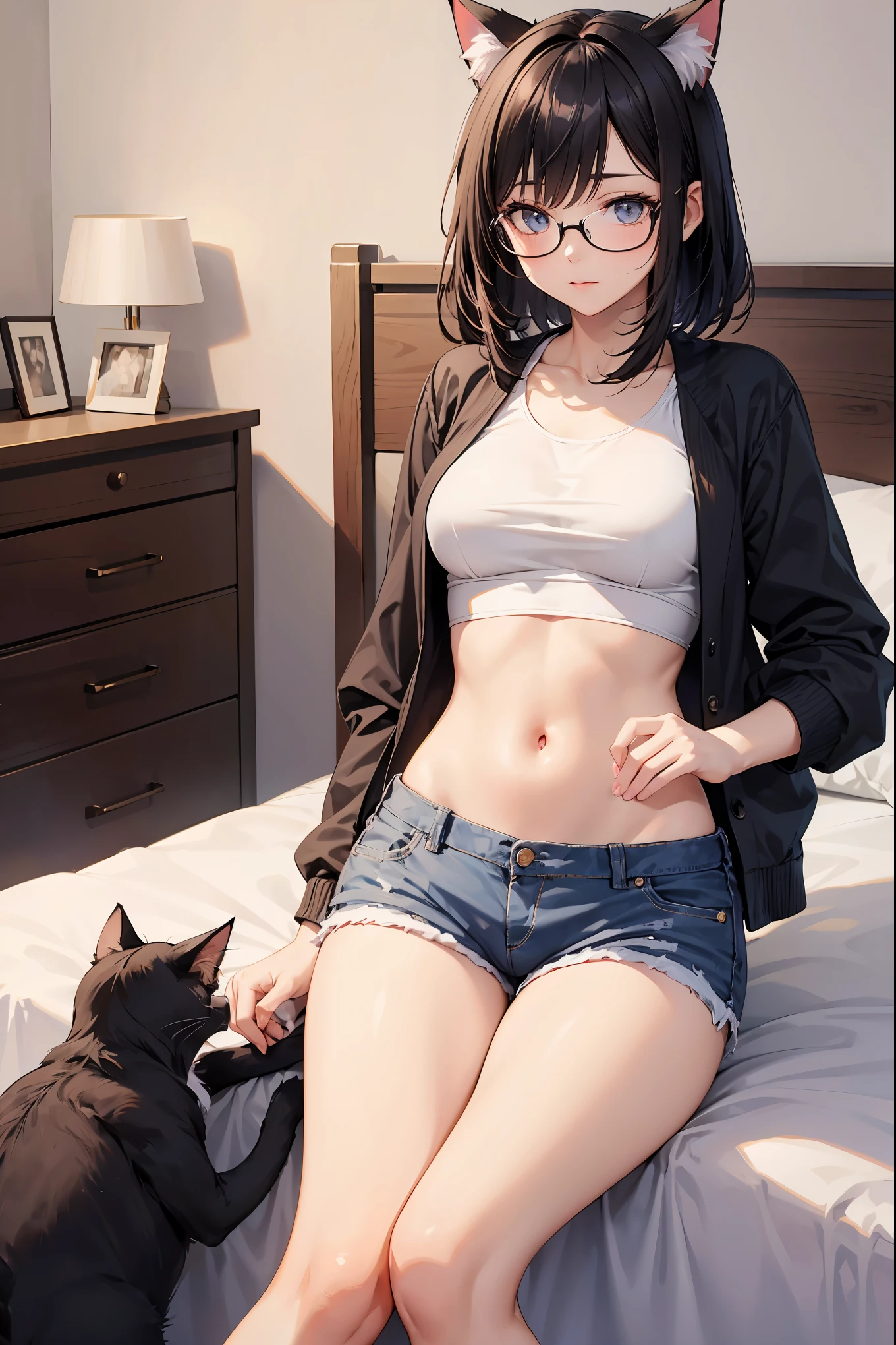 a woman is wearing glasses and cute top and short shorts stands near the  bed, 1girl, animal ears, solo, shorts, navel, glasses, black hair, cat ears, midriff, short shorts