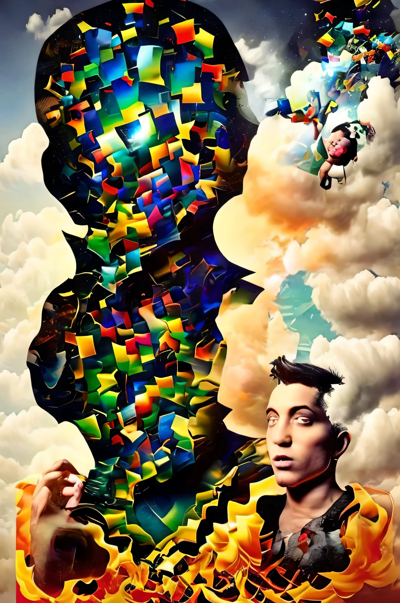 a painting of a man talking on a cell phone, lorenzo vitturi, fighting each other, mixed-race woman, mark brooks and brad kunkle, destruction around her, merged machima, panel of black, jumbled together, jean - baptiste belin, close-up fight, colourful artwork, intricate digital artwork, swinging on a vine over a chasm