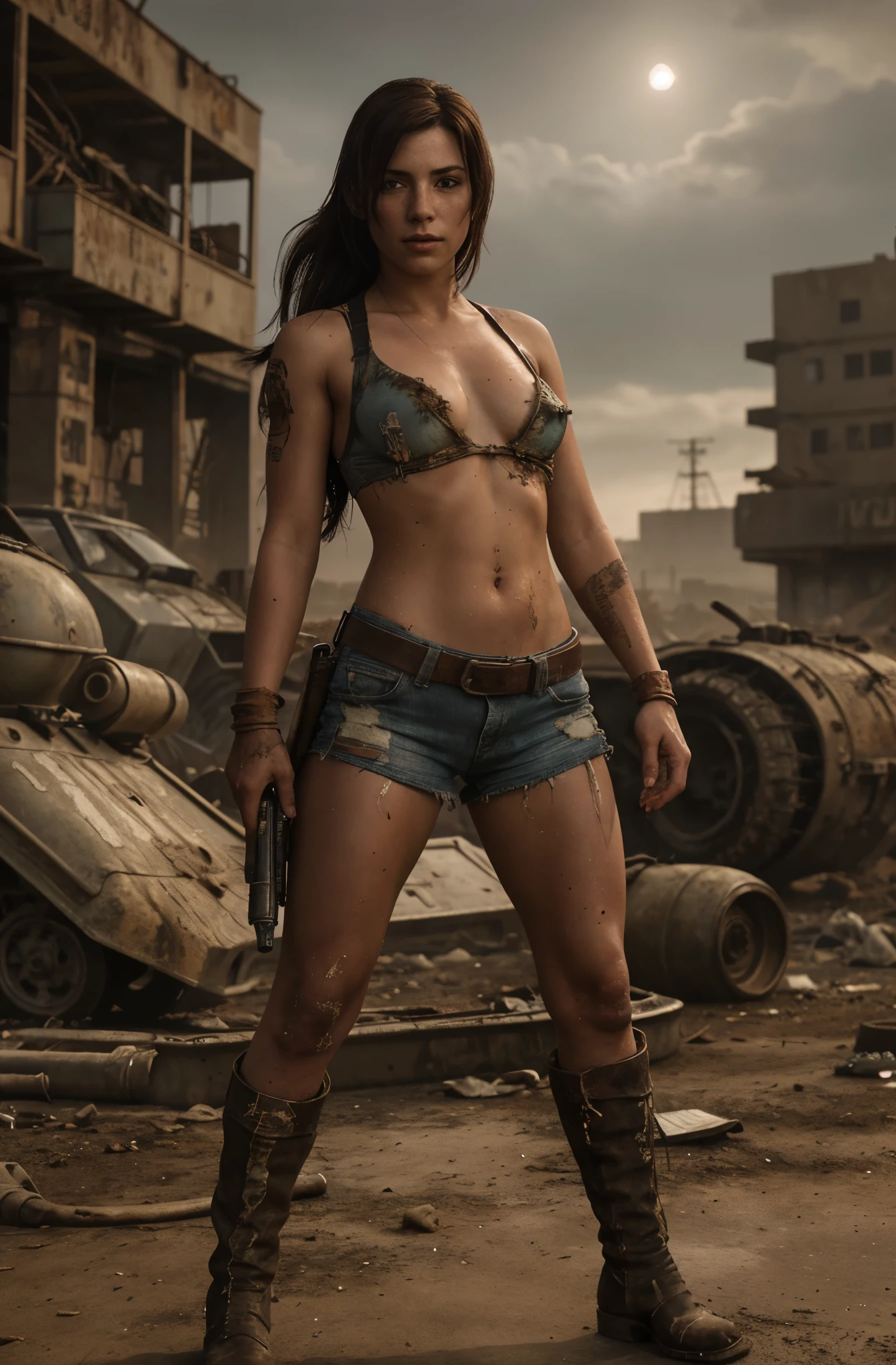 masterpiece, ultra detailed, 8K, Raw photo, Realistic light, Cinematic composition, Realistic face, Realistic skin, full body shot, 18 years old Tifa Lockhart, on the exploited and rusty tank, tattered and dirty clothing, postapocalyptic wastlands with riuned sity, cute sexy, pleasure, short messy hair, freckles, nightfall, dramatic lighting
