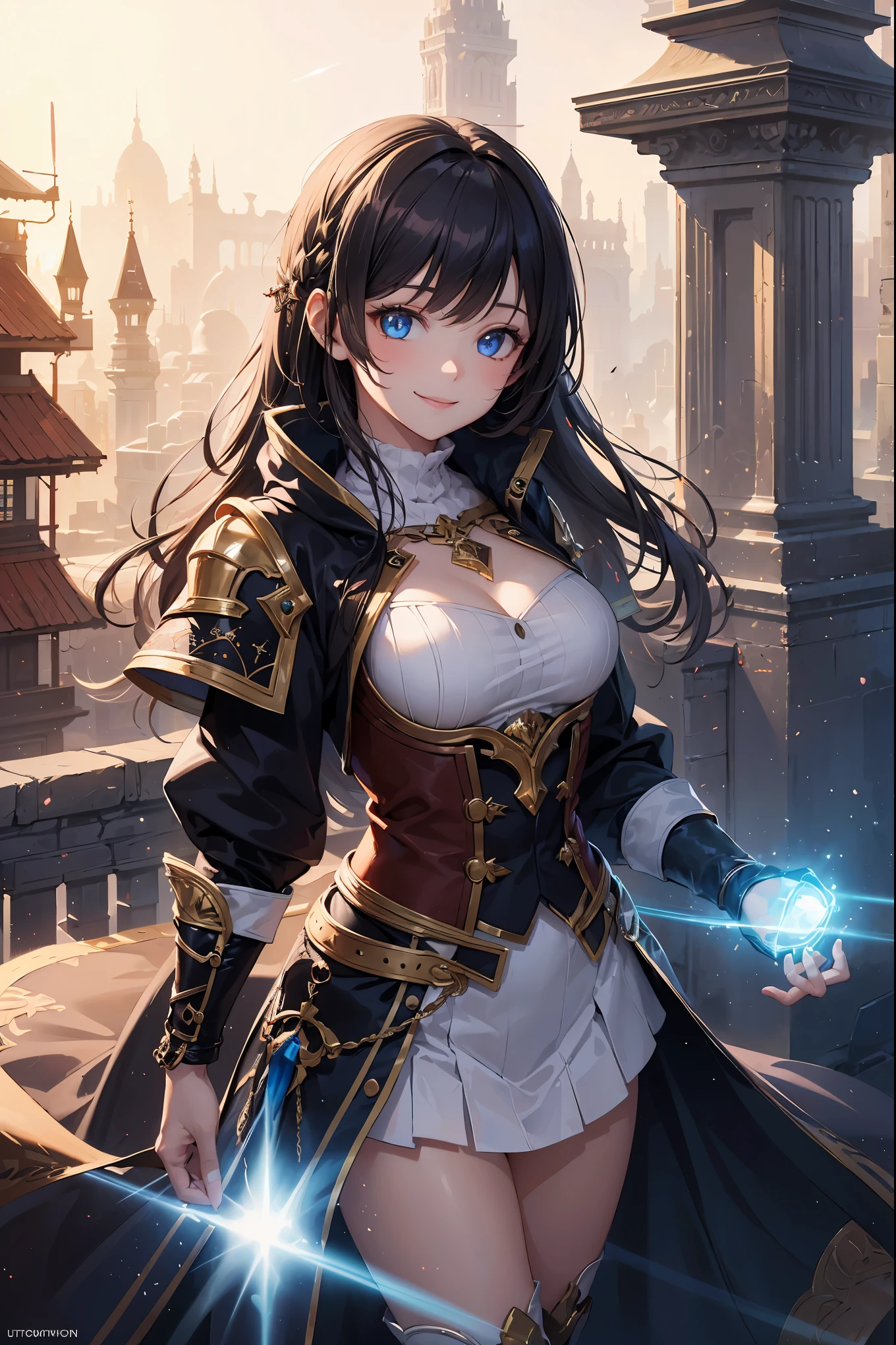 (fantasy:1.5), fantastic landscapes, 
(girl:1.5), smile, cowboy shot, long coat, 
(ultra_detailed:1.3), (decorated:1.3), 
glow light, lens flare, iridescent light, light particles, 