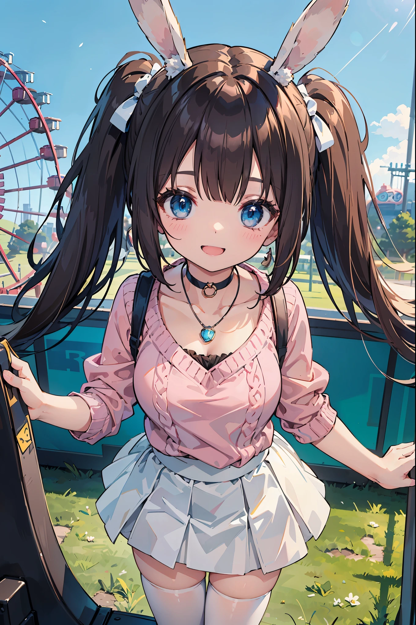 (girl): solo, (perfect face), (detailed outfit), (20 years old), lovely girl, (rabbit ears), happy, (smiling), (dancing), brown hair, medium hair, (twintails hair), blue eyes, pale skin, medium breasts, (pink sweater), (white skirt, white thighhighs), (large ribbon), (pendant), (choker)
(background): from above, outdoor, amusement park, (rides), (crowd), (ferris wheel), (afternoon), (sunny)
(effects): (masterpiece), (best quality), (sharp focus), (depth of field), (high res), more_details:-1, more_details:0, more_details:0.5, more_details:1, more_details:1.5