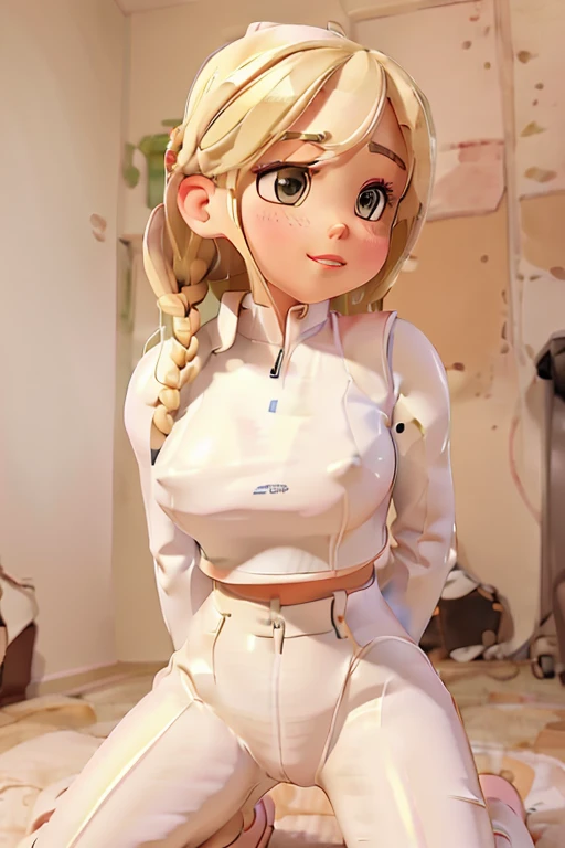 1girl, Blonde braided hair, (squatting), dressed in Glossy White Leather, also she's a Nurse, on the battle field. gigantic breasts, ctmp, abs, giga_busty, fullbody shot, bottom view from below