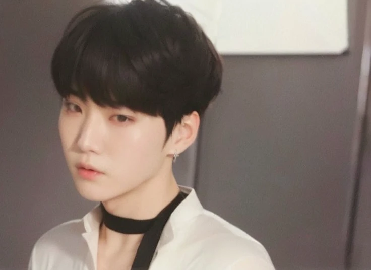 there is a man with a tie standing in a room, yoongi de pelo negro, jungkook, hyung tae, hong junio hyung, cai xukun, yanjun chengt, kim doyoung, El chico tiene el pelo negro corto., Jimin\his right eyelid is swollen, TaeJune Kim, pale korean adorable face, jaeyeon nam, park Jimin, young pale angel, Jung Jaehyun, min yoongi, suga, bts