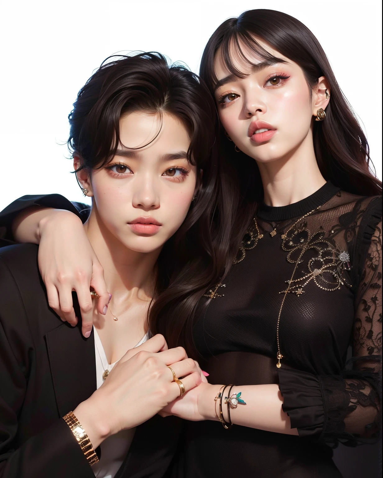 Araffe e uma mulher posando para uma foto juntos, level, Tae, Kim Taehyung , jennie blackpink, photoshoot, artista coreano, Kim Jennie , fanart oficial, Taehyung kim, k-pop, 9k, 9 mil, Jennie do blackpink, portrait of Jennie do blackpink, de mim, Jennie, & Taehyung 