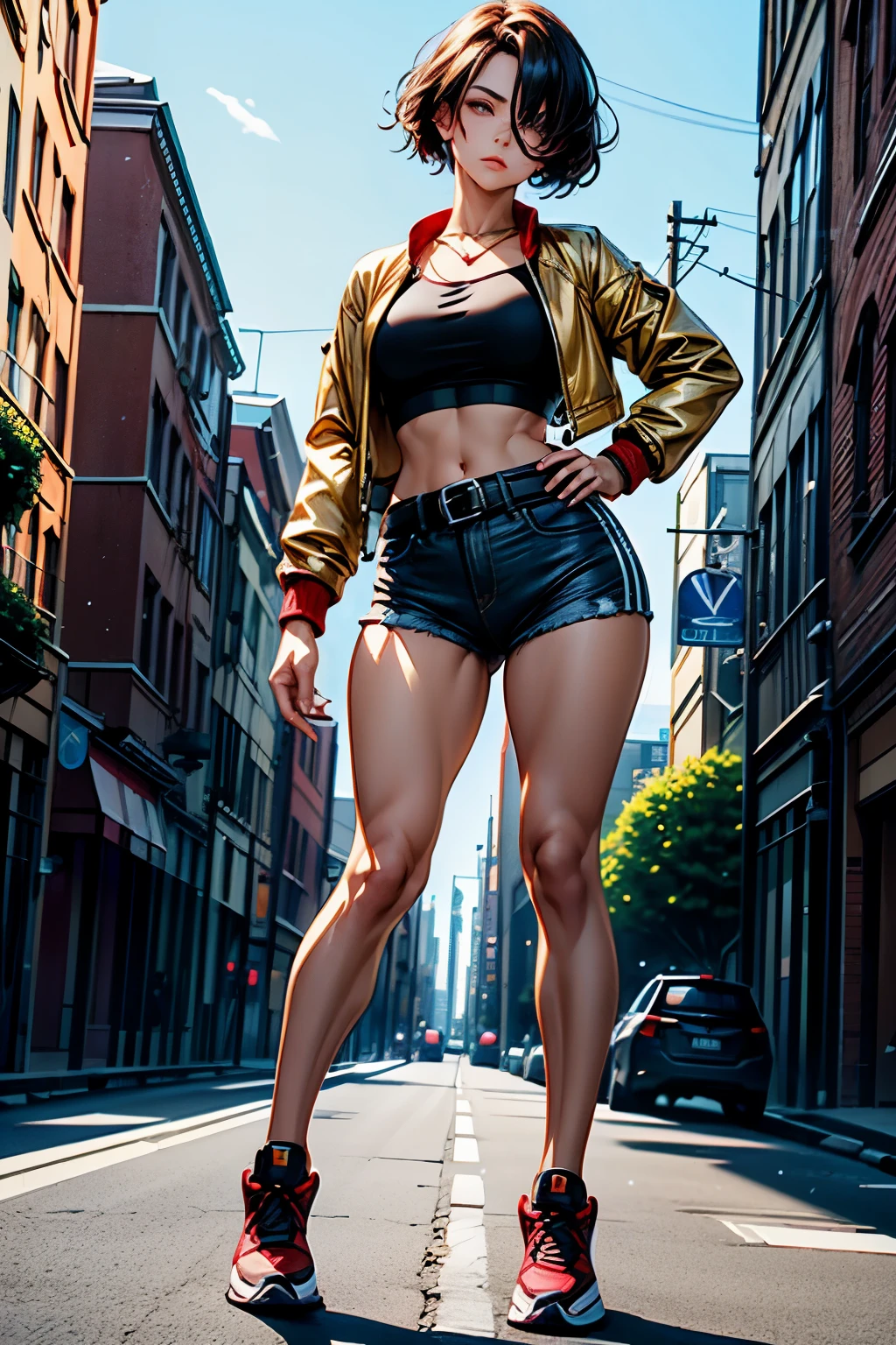(masterpiece:1.4), best quality, anime realistic, cinematic illumination, ultra detailed face (1 girl), full body, stunning girl, mature woman, perfect face, perfect eyes, street fighter, black with red bright haired, short hair, green eyed, 1,7m height, voluptuous, body shape, golden brown skin tone, medium bust size, strong thick legs, medium buttocks, thick hips, bare hands, black denim hip mini shorts, white crop top, stretched crop top, black denim crop jacket, white belt, leather belt, delicate necklace, running sport sneakers, standing straight, combat pose, powered face expression, frown, intimidating look, pretty face, 4k, wallpaper, looking to viewer,