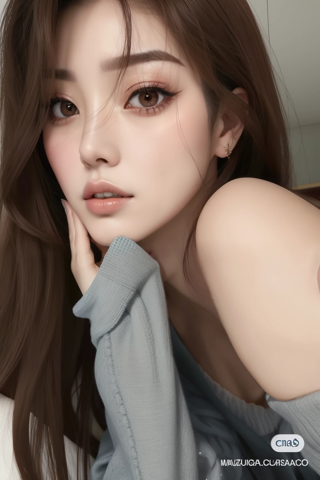 um close up de uma mulher com cabelos longos e uma camisa cinza, Ulzzang, coreana, Clear, high-quality lips, maquiagem sul-coreana popular, garota cara fofa, adorable and pale korean face, linda mulher sul-coreana, linda jovem coreana, maquiagem coreana popular, pale thin lips, beautiful aesthetic face, small lips, nariz pontudo