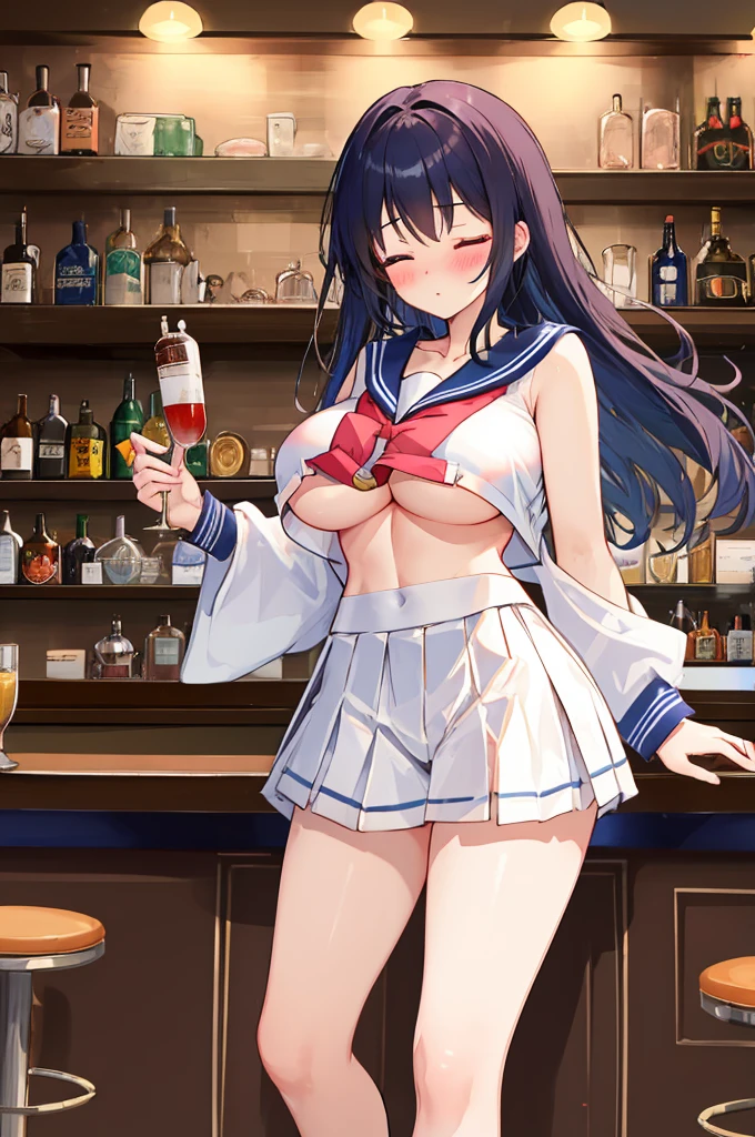 A woman with big ，Sailor suit，clavicle，Prominent and smooth underboob，exquisite，Intricate details，pubic，Tube socks，long legs，(blush:1.2)，eyes closed，coma，bar，Bar counter，