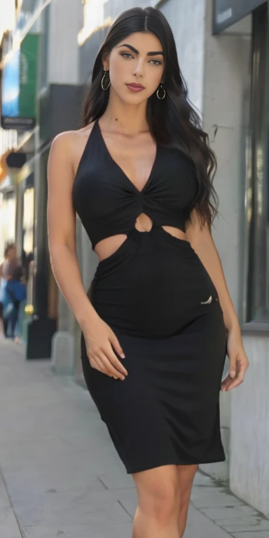 A realistic image of a beautiful girl with a cute face tight but and slightly large wearing black dress standing straight on a stage