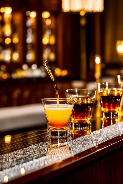 A photographic image of exceptional quality, captured in RAW format with meticulous attention to detail. The scene features Remy Martin Louis XIII Black Pearl Magnum cognac being elegantly poured into a crystal glass, the warm amber liquid cascading gracefully. Soft, diffused lighting bathes the room, casting a mellow glow on the luxurious mahogany bar counter. The vintage atmosphere is further emphasized by the intricate patterns of the bar and the smooth bokeh effect of the background. Rich golden accents add a touch of opulence to the refined ambiance, as the leisurely evening feel invites one to unwind and savor the moment.