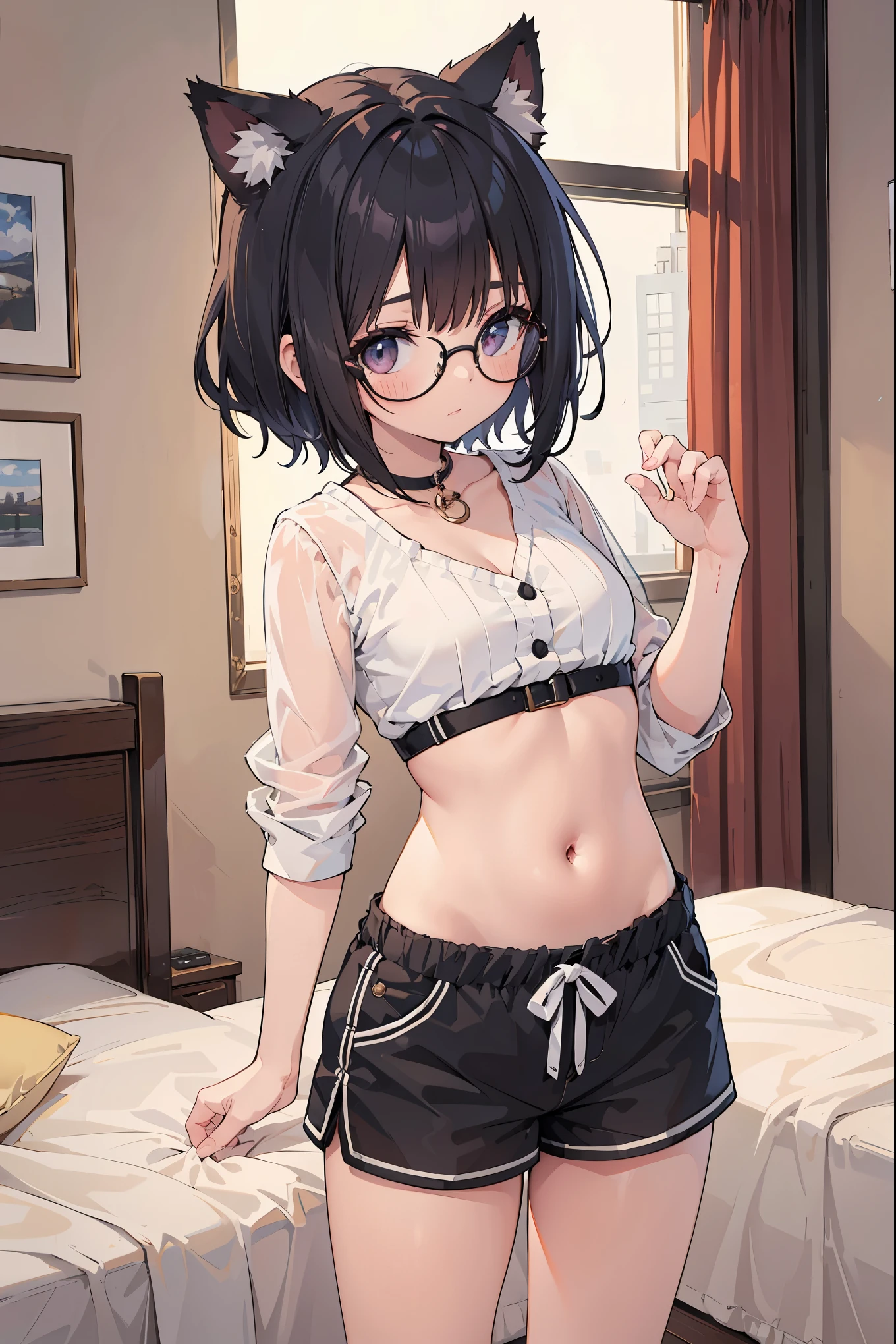 a woman is wearing glasses and cute top and short shorts stands near the bed, 1girl, animal ears, solo, shorts, navel, glasses, black hair, cat ears, midriff, short shorts
