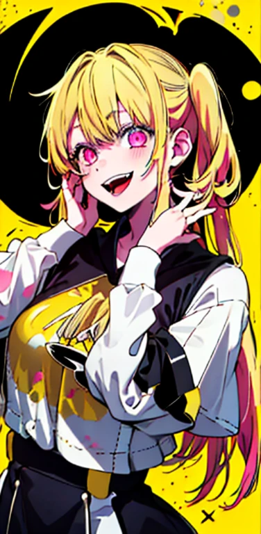 original character , 1girl, (crazy smile:1.2) ,  blonde hair , bangs , crazy eyes , hands on face , yellow blood splatter on face , yellow and black color scheme, open mouth, (wide-eyed:1.2), glowing eyes, left star shaped eye, star shaped eye,  pink eyes, pink eyes