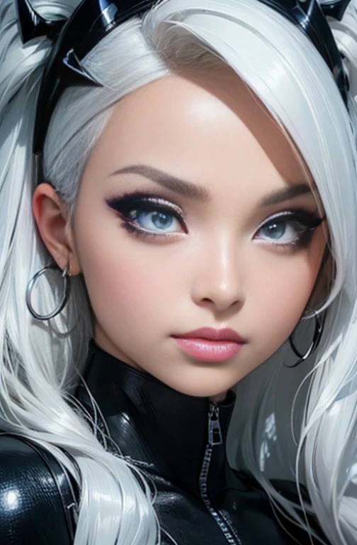 a close up of a woman with a piercing on her face, sexy face with full makeup, portrait of kim petras, hyperrealistic , looks like britney spears, ahegao face, thick fancy makeup, facial piercings, face like ester exposito, ultra realistic face, closeup shot of face, markings on her face, huge downslanted eyes, (masterpice), (detailed), piece of art
