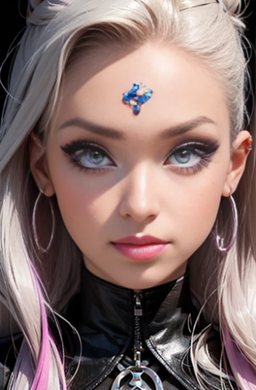 a close up of a woman with a piercing on her face, sexy face with full makeup, portrait of kim petras, hyperrealistic , looks like britney spears, ahegao face, thick fancy makeup, facial piercings, face like ester exposito, ultra realistic face, closeup shot of face, markings on her face, huge downslanted eyes, (masterpice), (detailed), piece of art
