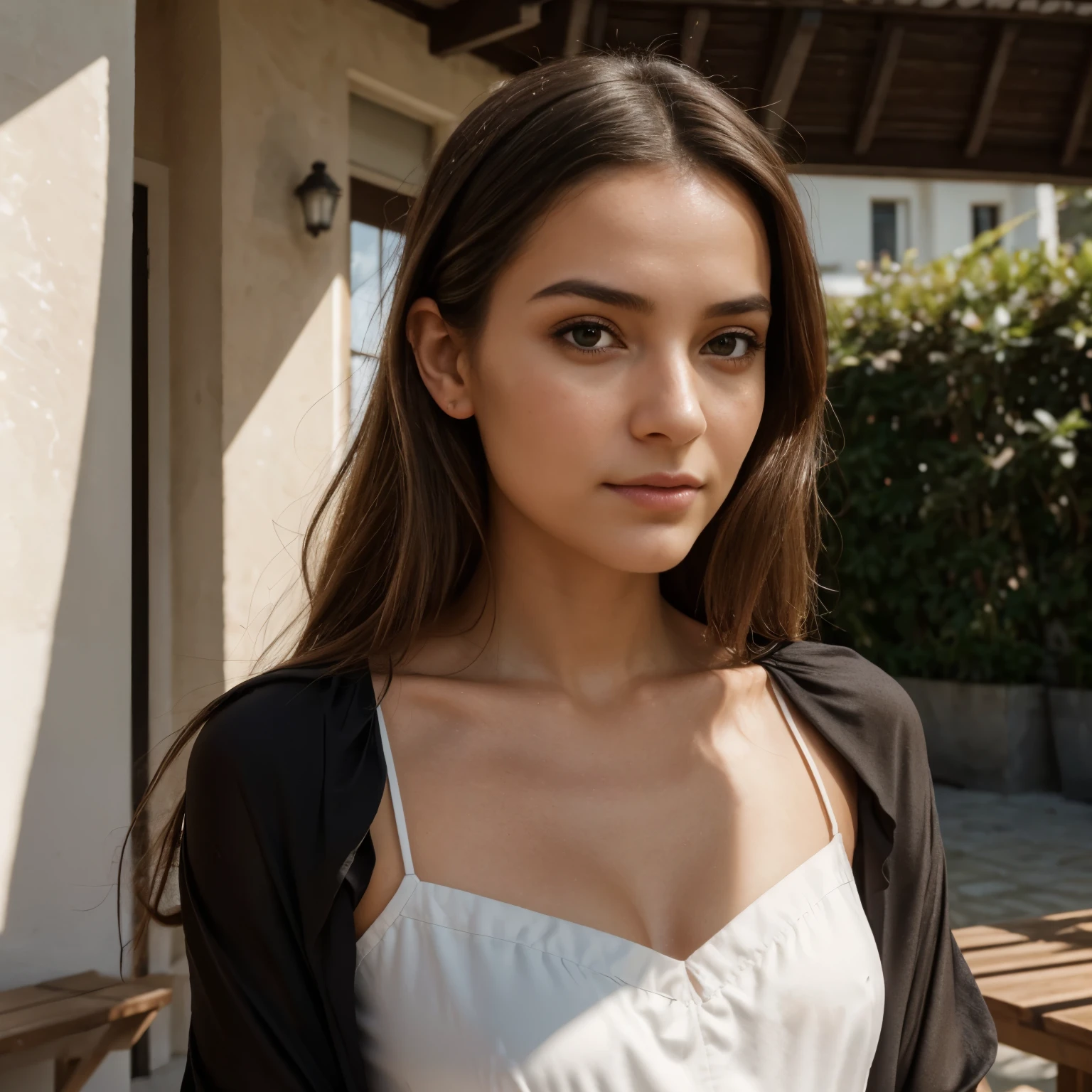 Photograph of a beautiful girl, on the terrace the beach, porte une une robe moulante noir chef-d&#39;artwork, jouissant, fille, Fille chaude, (((buste lourd))), cheveux bruns, long_cheveux, symmetrical face, photorealistic, photographie, phone camera, natural lighting, magnifique, clivage, occidental, Lo-fi, high resolution, Extremely detailed, peau avec pores, realistic lighting, natural light, selfie, visage naturel, taupes, instagram pose, Influenceur, Low fidelity, Imparfait