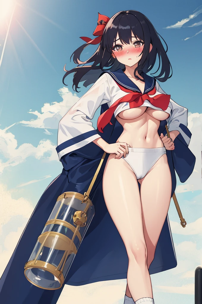 A woman with big ，Sailor suit，clavicle，Prominent and smooth underboob，exquisite，Intricate details，pubic，Tube socks，long legs，(blush:1.2)，