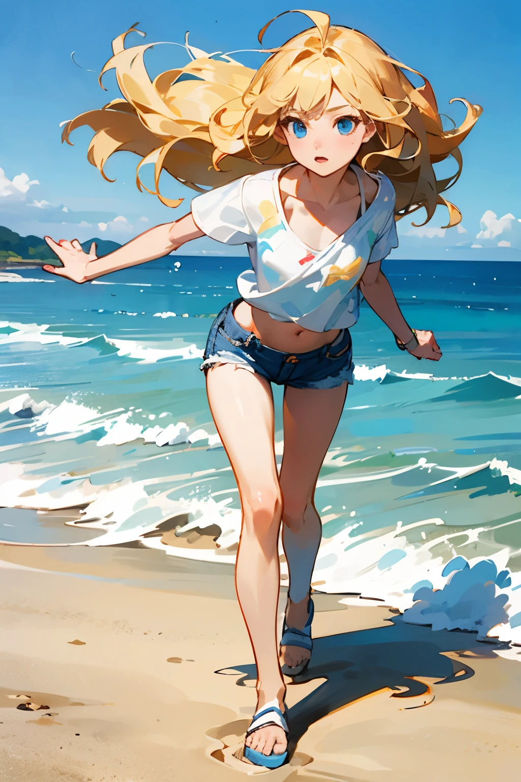 (super flat, flat hatching, flat colors:1.1), (Seaside), 1 Girl, Small, 10 years, Slim, flat chest, (tanned skin:0.6), long light hair, Blue eyes, (striped panties), topless, straw hat, behind, lower, lean forward, bending backwards, , smile, wind, blue sky, Bright sunlight, The best shadows, Watercolor,