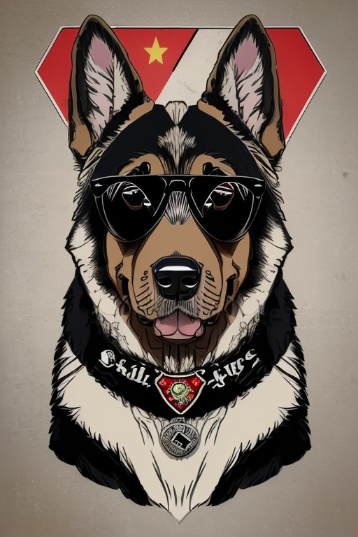 (((German Shepherd dog, bulldogue, poodle, Collie))), Using Rocker Accessories, he wears a red bandana around his neck, Fashion glasses, famous brand cap, (((cartazes, planfetos, Adesivos, propaganda, revista.))) monochrome, linear, sketch made
