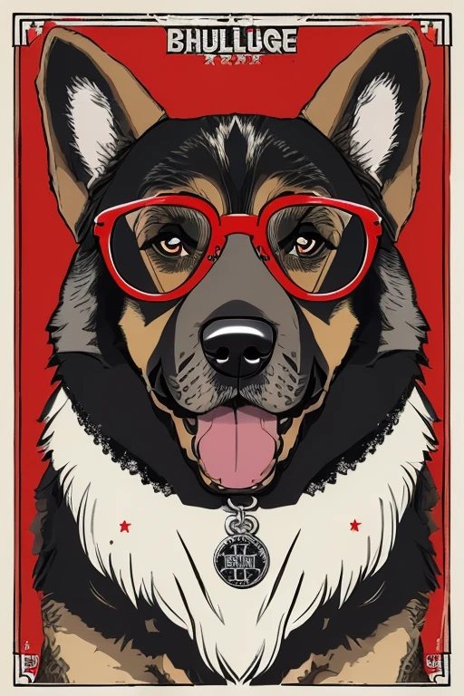 (((German Shepherd dog, bulldogue, poodle, Collie))), Using Rocker Accessories, he wears a red bandana around his neck, Fashion glasses, famous brand cap, (((cartazes, planfetos, Adesivos, propaganda, revista.))) monochrome, linear, sketch made
