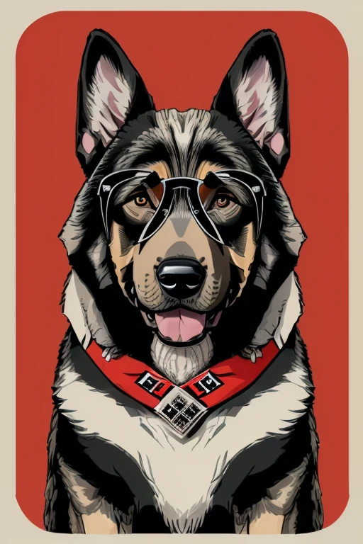 (((German Shepherd dog, bulldogue, poodle, Collie))), Using Rocker Accessories, he wears a red bandana around his neck, Fashion glasses, famous brand cap, (((cartazes, planfetos, Adesivos, propaganda, revista.))) monochrome, linear, sketch made