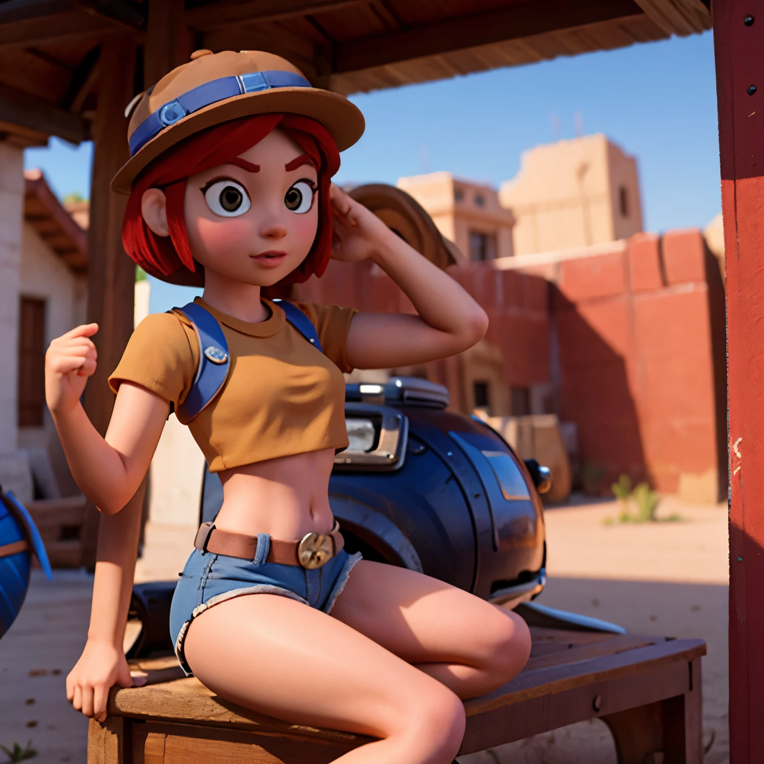 Jessie in the desert, she wear crop top and short shorts, she wear crop top, she wear short shorts, she barefoot 