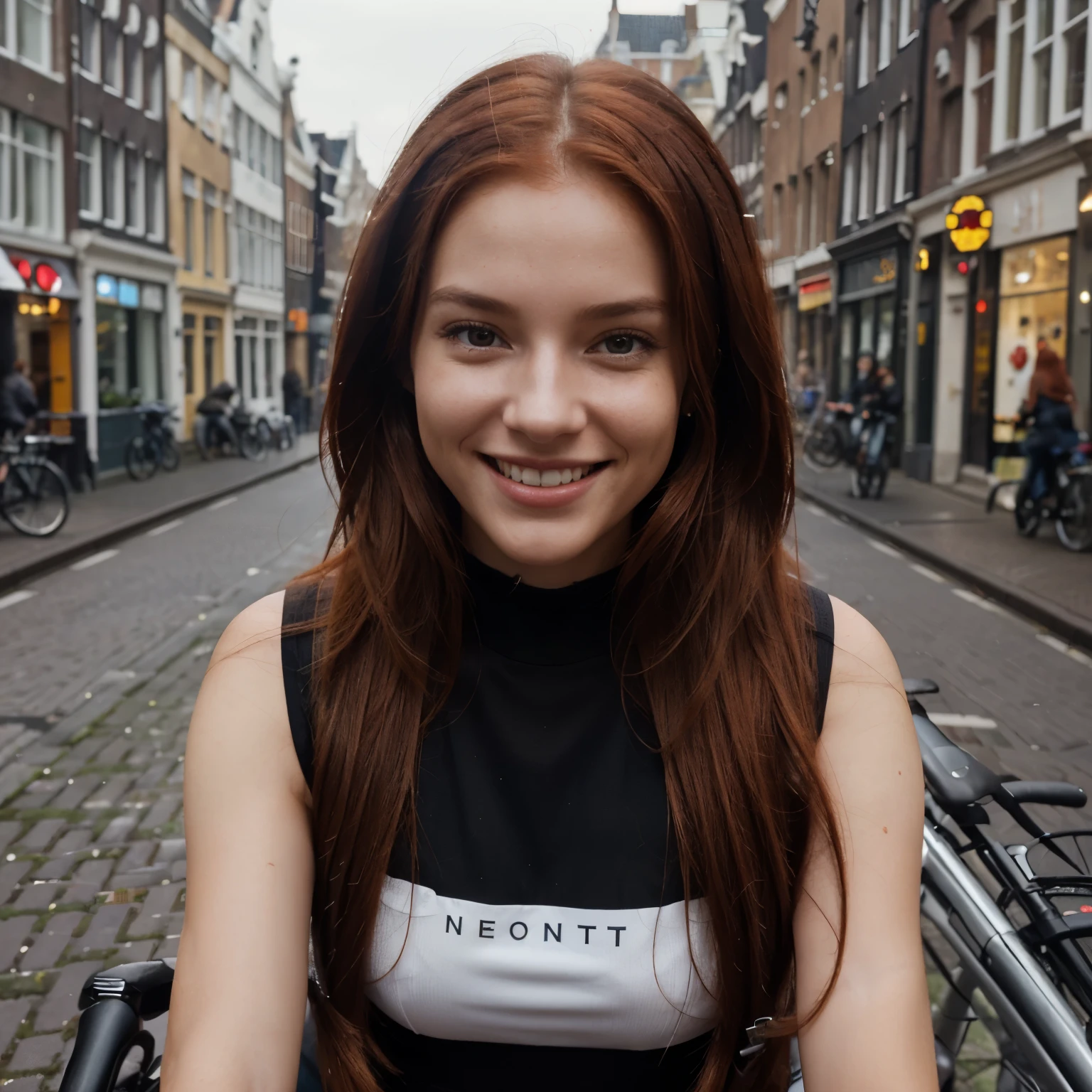 A radiant smile lights up the face of the AI ​​influencer, with long red hair, Ultra high definition images of our AI digital influencer, smiling as she interacts on her bike on the streets of Amsterdam