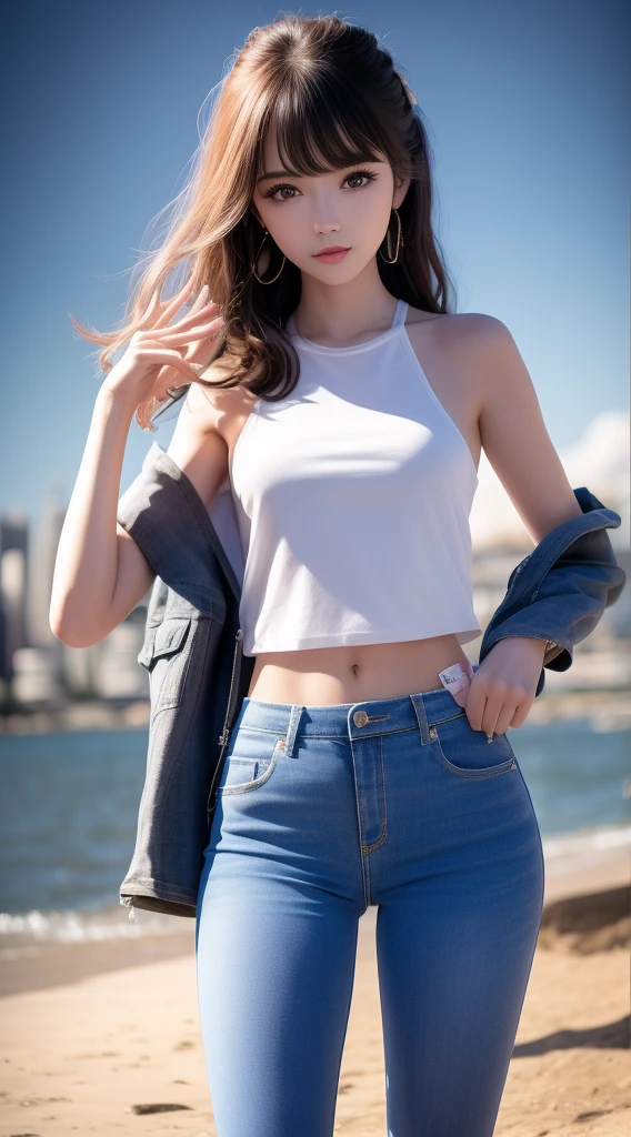 4k ultra hd, masterpiece, very high quality, a girl, age 20 years old girl, good face, smooth face, detailed eyes, beautiful hair, very long hair, hair band, cute look, modern clothes, pink shirt,  jeans, good shoes, morning background, buildings, sun lights, clear weather, stylish looking,