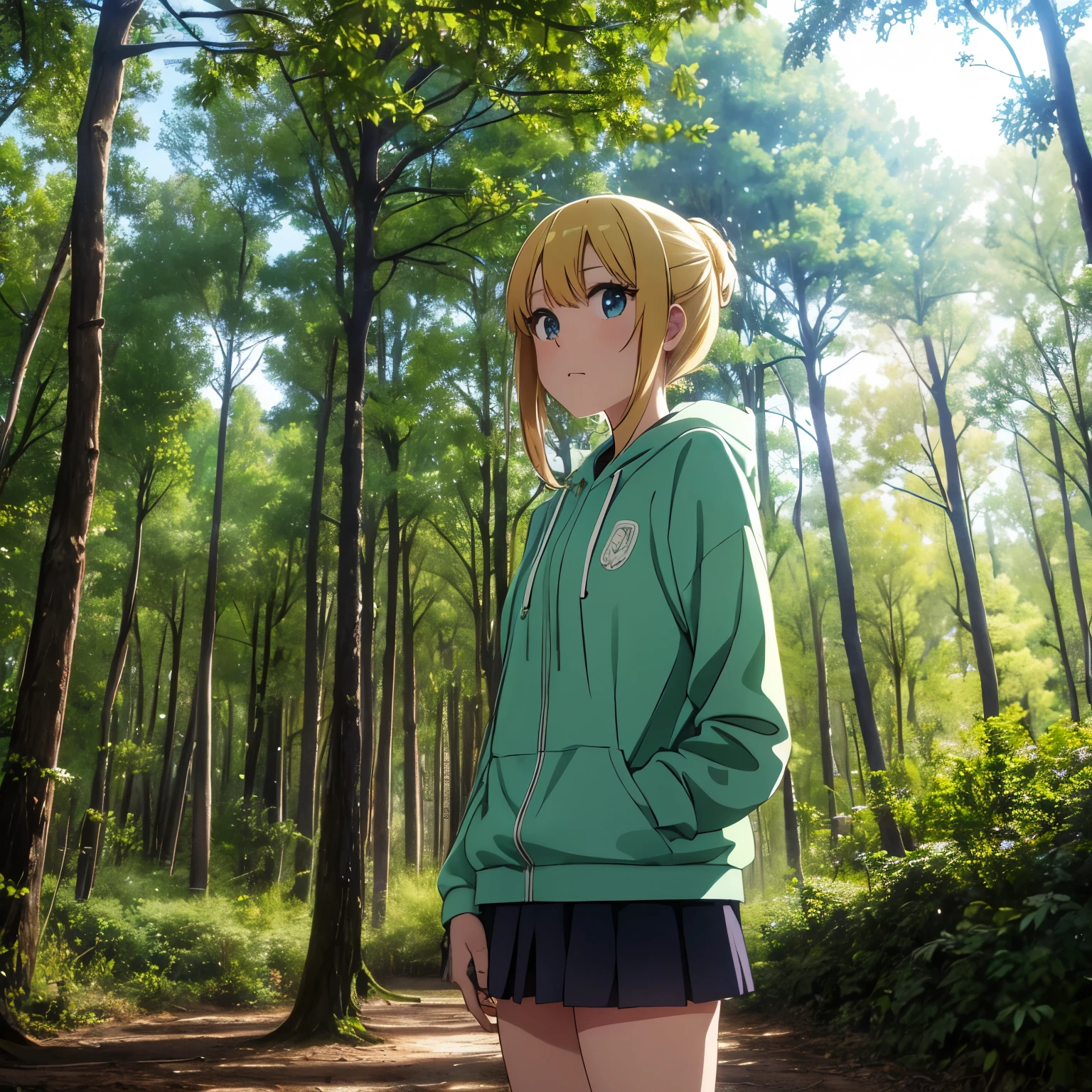 chica anime, en el bosque  con ropa de pieles que solo cubren sus pechos y su cadera y una mirada desconfiada. la chica siempre ha vivido en el bosque . Makes it dirty