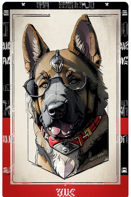 (((German Shepherd dog, bulldogue, poodle, Collie))), Using Rocker Accessories, he wears a red bandana around his neck, Fashion glasses, famous brand cap, (((cartazes, planfetos, Adesivos, propaganda, revista.))) monochrome, linear, sketch made

