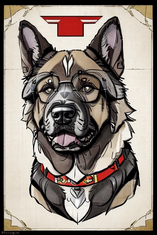 (((German Shepherd dog, bulldogue, poodle, Collie))), Using Rocker Accessories, he wears a red bandana around his neck, Fashion glasses, famous brand cap, (((cartazes, planfetos, Adesivos, propaganda, revista.))) monochrome, linear, sketch made
