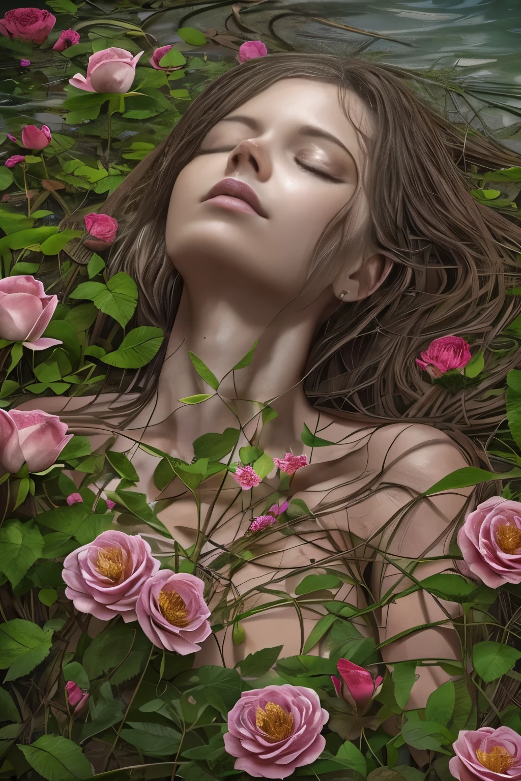 A body of a dead woman, eyes closed, half fermented, half hidden in a swamp, wild roses, full of detail and texture. It's awful and beautiful at the same time.