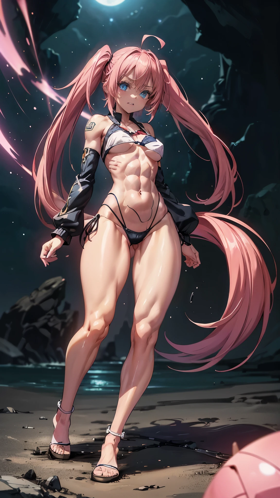 1 girl, (medium breasts))), (((wearing a short bikini))), (long pink hair), (((blue eyes))), Thin arms, (on the beach at night with a starry sky and a full blood moon), (slim waist), (((muscular legs))), muscular belly, wearing a red high heel shoe, (((showing her big ass to me))), (full body photo) , (twintails), long eyes, glowing eyes, eye reflection, bad mood, anime, anime style, ray tracing, Glow, drop shadow, Panorama, Sony FE, 8k, UDisk, artwork, accurate, anatomically correct, super detail, best quality, Ultra high resolution, Hard disk, 16k