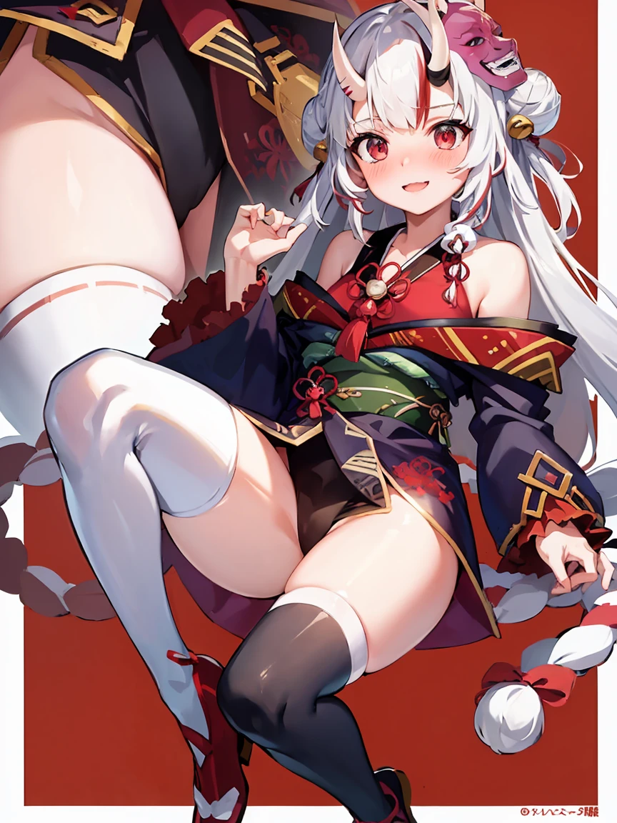 Nakiri Ayame, long hair, double bun, AyameBase, black kimono, hair bell, obi, white thighhighs, bare shoulders, long sleeves, oni mask, mask on head
BREAK
(nose blush), smile, full body shot
BREAK
Masterpiece, best quality, high resolution, 8K, official art, super resolution, extremely detailed and beautiful, extremely detailed, amazing and detailed, highly detailed beautiful girl, highly detailed face, highly detailed eyes, highly detailed skin, highly detailed fingers, highly detailed nose, very detailed mouth, perfect anatomy
BREAK
old japanese garden, , extremely detailed CG unity 16k, very fine 16KCG wallpapers