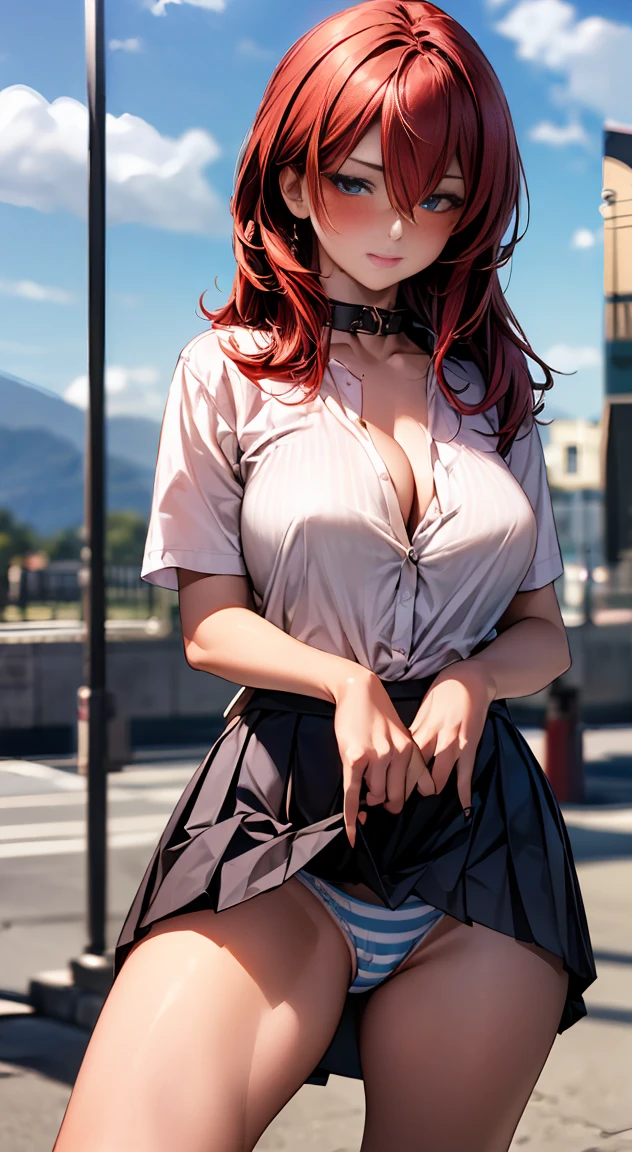 (masterpiece:1.2, highest quality), (realistic, photorealistic:1.4), beautiful illustrations,
looking at the viewer, whole body, Front view:0.6,
1 female, Japanese, high school girl, ((Red hair long hair:1.5, raise one's hair casually:1.4)), blown hair, bangs, hair between eyes, big breasts:0.8,
beautiful hair, beautiful face, beautiful and detailed eyes, (Blue eyes:1.3), beautiful clavicle, beautiful body, beautiful breasts, beautiful thighs, beautiful feet, beautiful fingers,
(beautiful scenery), Outside the convenience store,
((Short sleeve shirt with collar, white and green striped shirt , green pleated skirt)), white panties,
(Are standing, lift the skirt, Grab the hem of the skirt, put your hand on your chest, hand between legs),
(glare at the viewer while blushing:1.3)