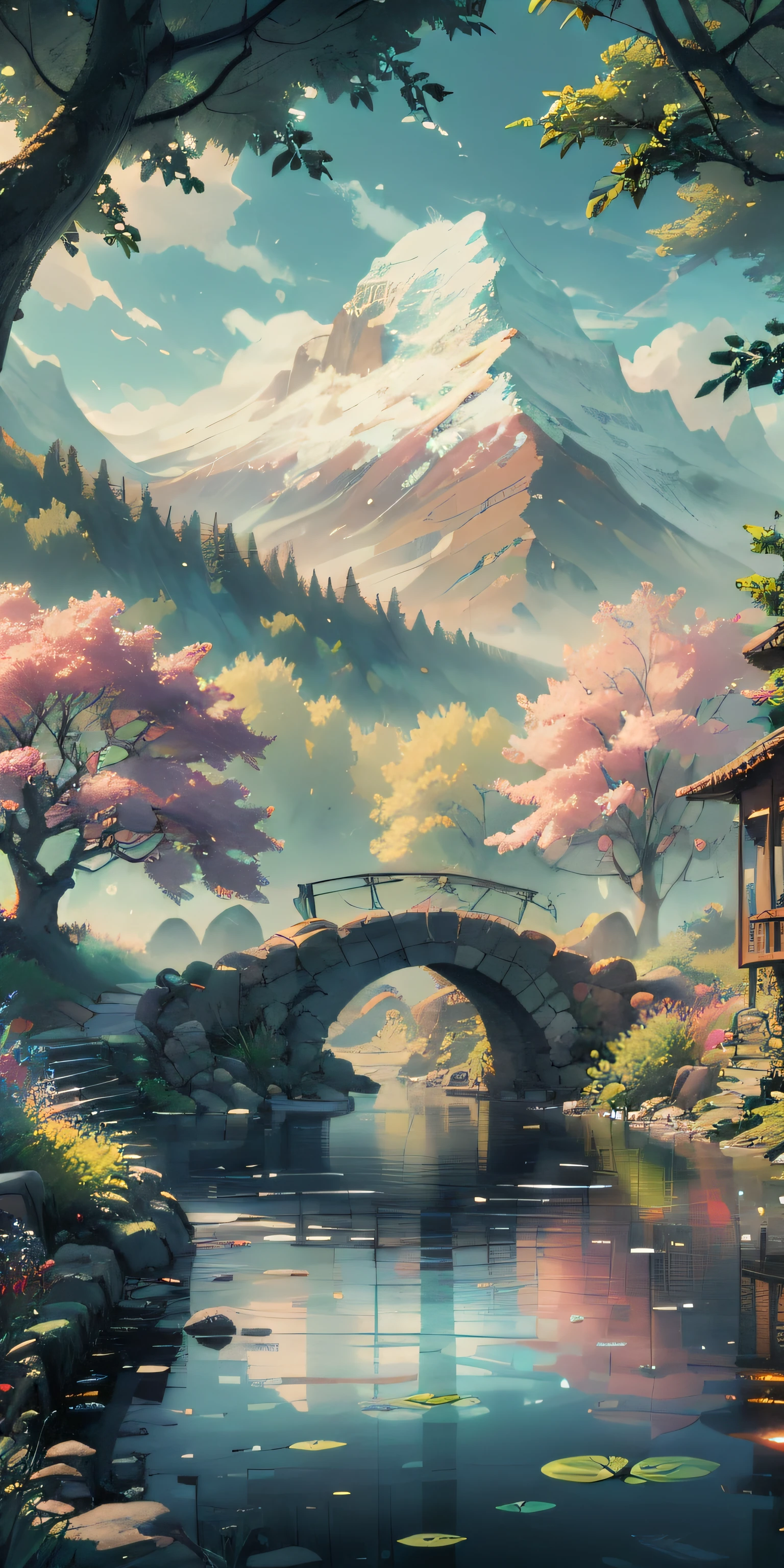 The exquisite beauty of nature:1.1, Realistic, professional, Vivid colors, Soft lighting, Landscapes, Detailed trees, Colorful flowers, flowing river, Majestic mountains, Gentle breeze, Clear blue sky, the sunlight filters through the leaves of the tree, vibrant hues, Natural tranquility, Lush greenery, Realistic textures