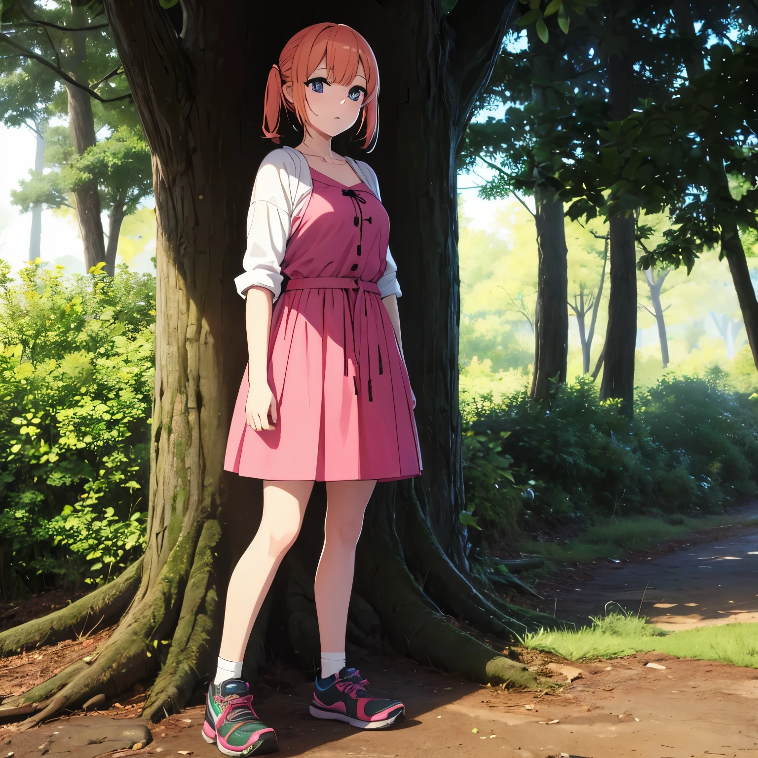 chica anime, en el bosque  con ropa de pieles y una mirada desconfiada. la chica siempre ha vivido en el bosque . Makes it dirty. La chica anime es salvage y parece un animal en forma de actuar