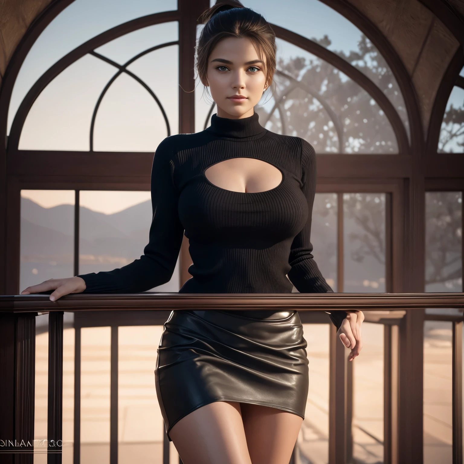 (masterpiece), face of a teenager, symmetrical, photorealistic, surreal, beautiful, upper body, ponytail, wearing a simple transparent sweater, leather skirt:1.3, high heels, perfect anatomy, large breasts, supernumerary_nipples, seductive and erotic, looking at the viewer, blush, humble, curvy, elegantly formed, very innocent smile, slightly muscular, elegant, close to perfection, dynamic, highly detailed, character sheet, 8k photography, professional photoshoot, conceptual art, highly detailed, smooth, positioned so that the body is symmetrical and balanced directly to the viewer, cinematic lighting, photorealistic, lap of nature