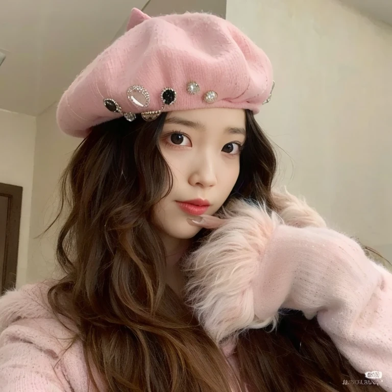 araffe wearing a pink hat and a pink coat with a pink fur coat, belle delphine, ulzzang, dilraba dilmurat, (pink colors), an oversized beret, blackpink jennie, jossi of blackpink, pink face, pokimane, bae suzy, sakimichan, chiho, tzuyu from twice