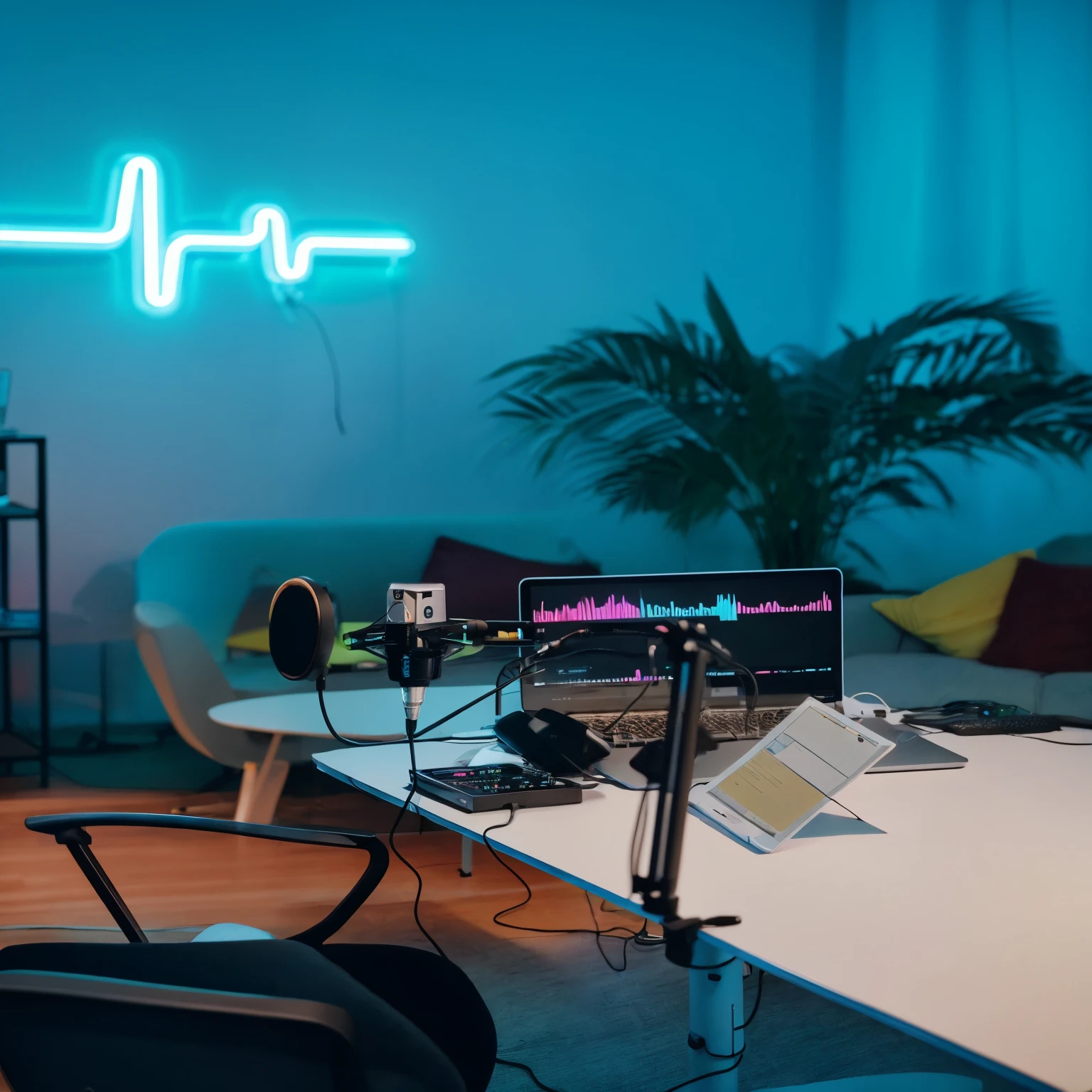 There is a laptop sitting at a desk in a room, mesa com microfones, sentado em frente a um microfone, studio setup, neon lights in the background, neon signs in background, Ouchh and Innate Studio, studio photo, studio recording, studio setup, neon lights in the background, with neon lighting, standing microphones, Neon Ambient Lighting