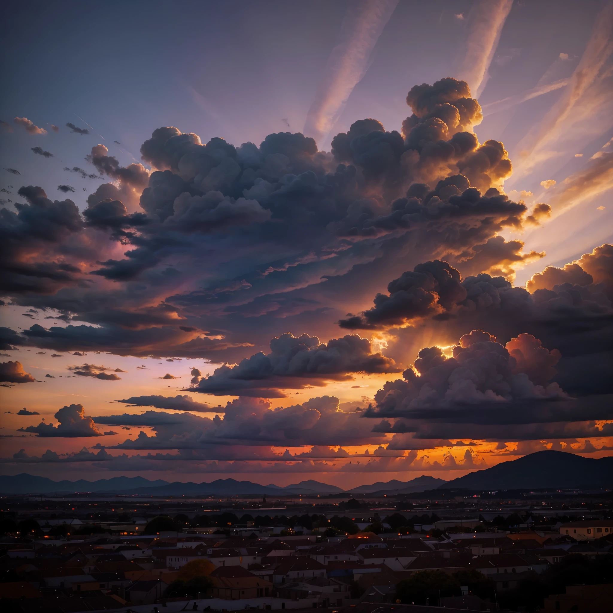 baroque painting of the colorful sky at dusk in the predominant colors of very strong orange and purple and renaissance clouds