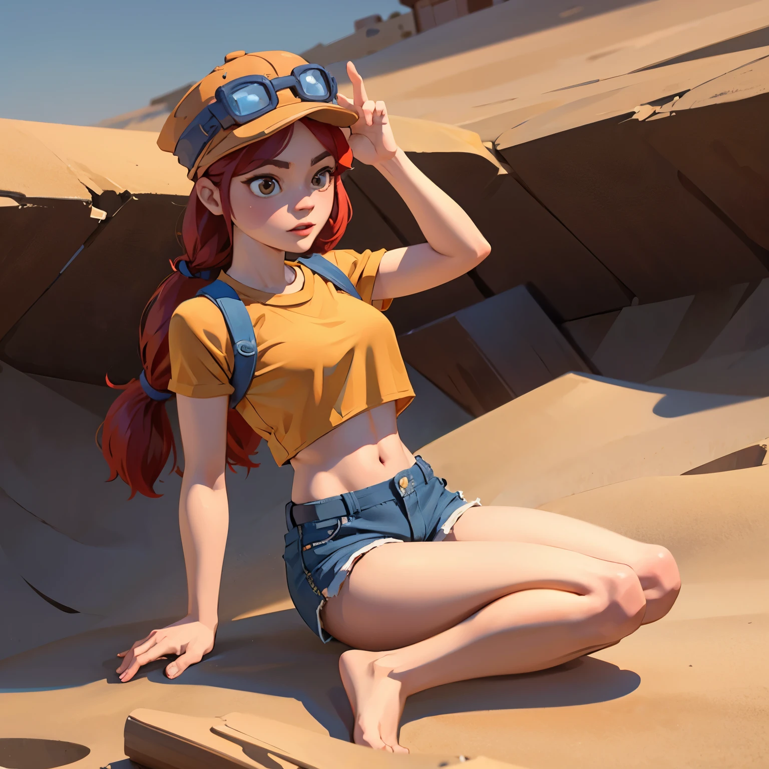 Jessie in the desert, she wear crop top and short shorts, she wear crop top, she wear short shorts, she barefoot 