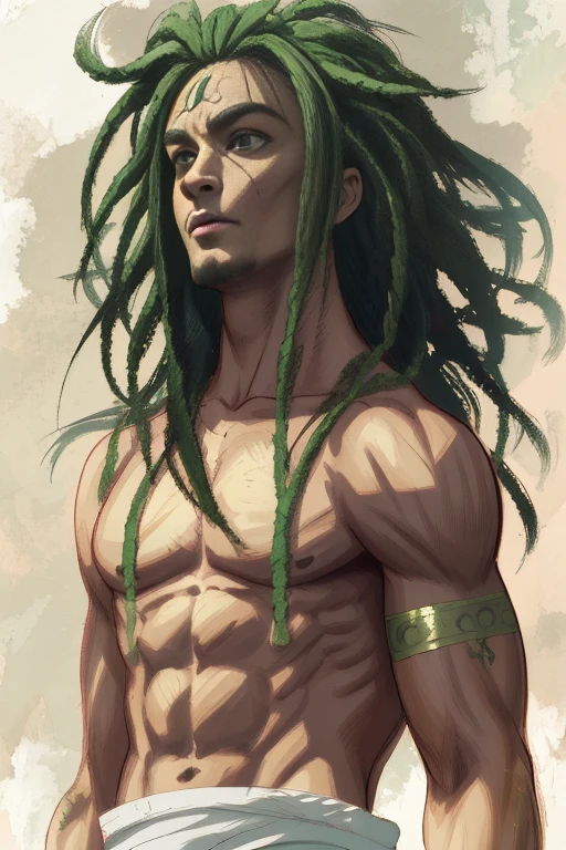 um close de um homem com dreads e uma camisa verde, inspired Direction: Ryan Barger, Direction: Ryan Barger, Medusa masculina, arte de fantasia de tyler edlin, Djinn Human Hybrid, Snoop Dogg as a barbarian, um homem negro com longos cabelos cacheados, muscular character, personagem de fantasia complexo, Greg Manchess, Mark Brooks Frank Frazetta, Franz Frazetta