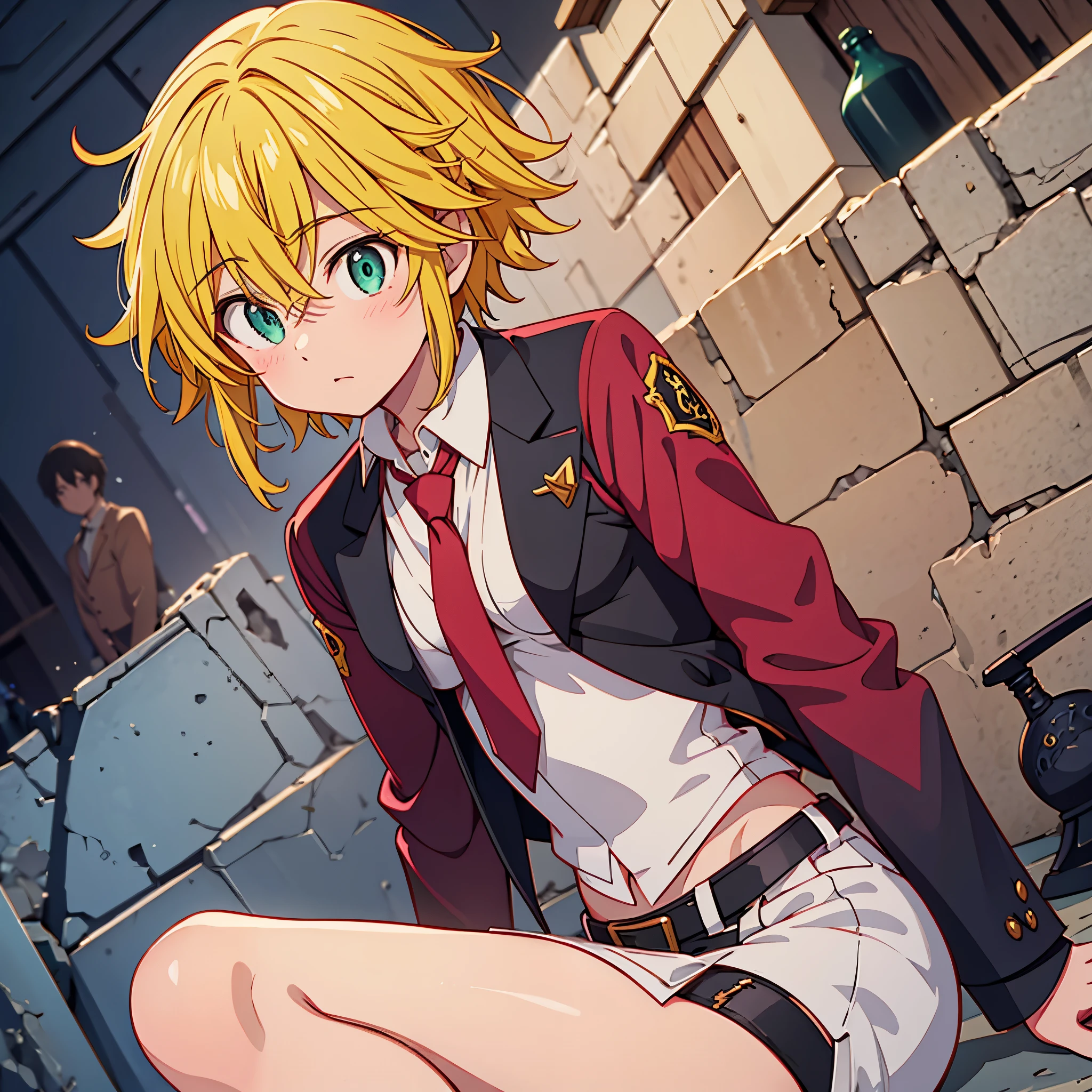 Meliodas in female version with medium breasts wearing a red tie and a black blazer 