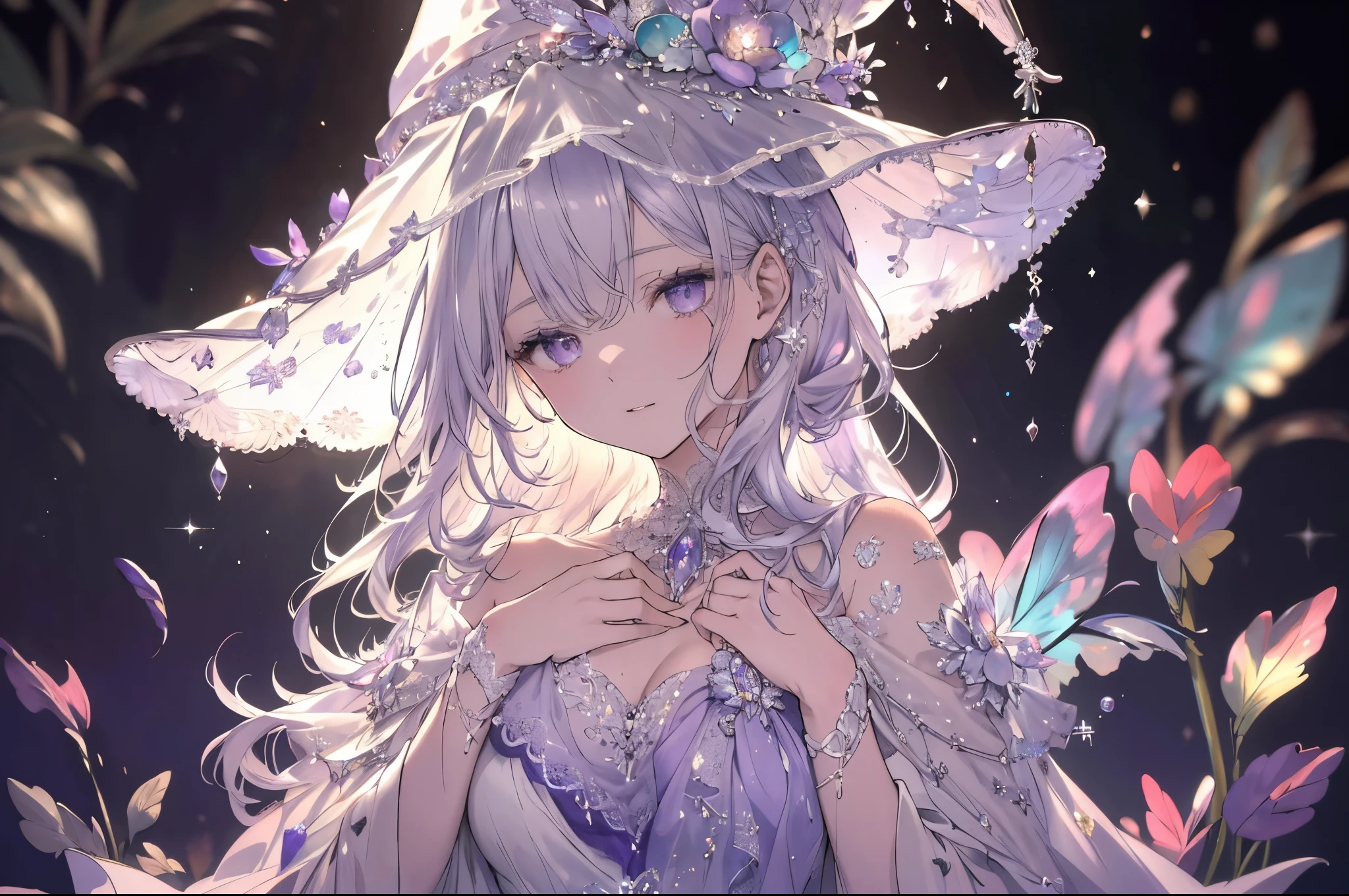 High definition RAW color art, Animation,sculptures, Silver Marble Skin, (((Ultra detailed elegant))), Magical atmosphere, Detailed skin, Texture,(Intricately detailed, Fine detail, ultra-detail art), depth of fields, Bokeh, Silky Touch, Hyper Detail, white background, (pastel purple), beautiful eyes, elegant face, looking back, witchcraft hat, breast