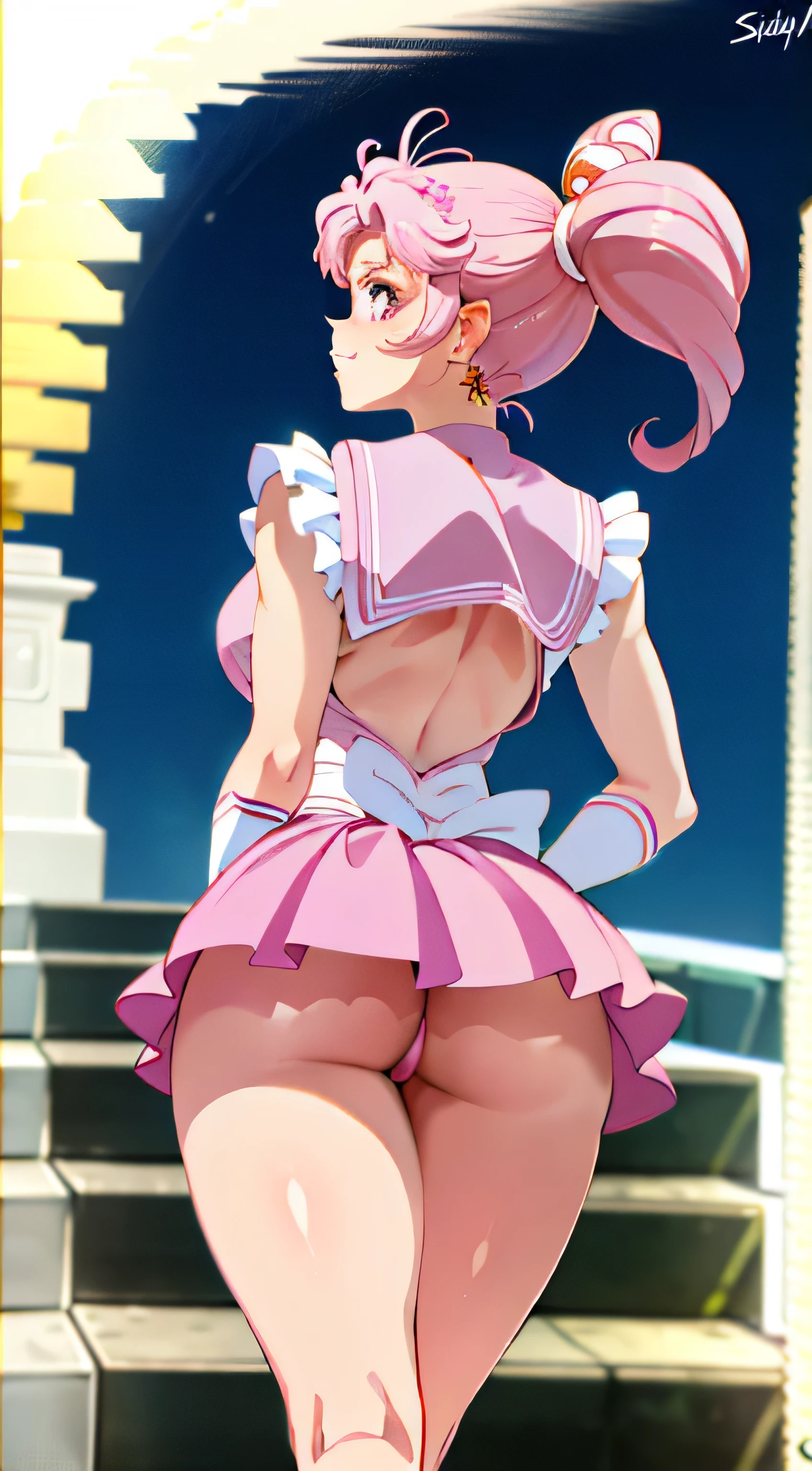 obra maestra, Mejor calidad, absurdos, perfect anatomy, 1 chica, Solo, SMMoon, 1990s \(Estilo\), Sailor Chibi Luna Cabello Rosa, pupilas rosadas ojos, subir las escaleras, de cerca, Sonrisa, tiro de vaquero, Uniforme Sailor Senshi Rosa, Collar marinero rosa, falda plisada rosa, guantes de codo, en postura de espalda, Show off your loot, backward, No hay tanga en un gran trasero, cuerpo completo, aausagi, de cerca booty (falda levantada por el viento, Exponiendo su) (cara de alto detalle)